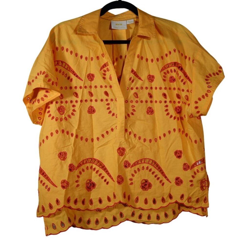 EUC Maeve Short-Sleeve Boxy Eyelet Popover Blouse Orange Motif Medium - Picture 3 of 4